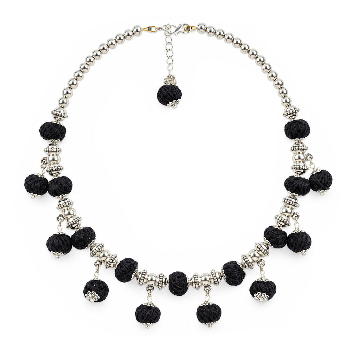 Oxidized German Silver Beaded Necklace with Black Thread Ball Danglers & Earrings, Bracelet Set – Ethnic Wire Collar Jewellery Set for Women, Navratri Special