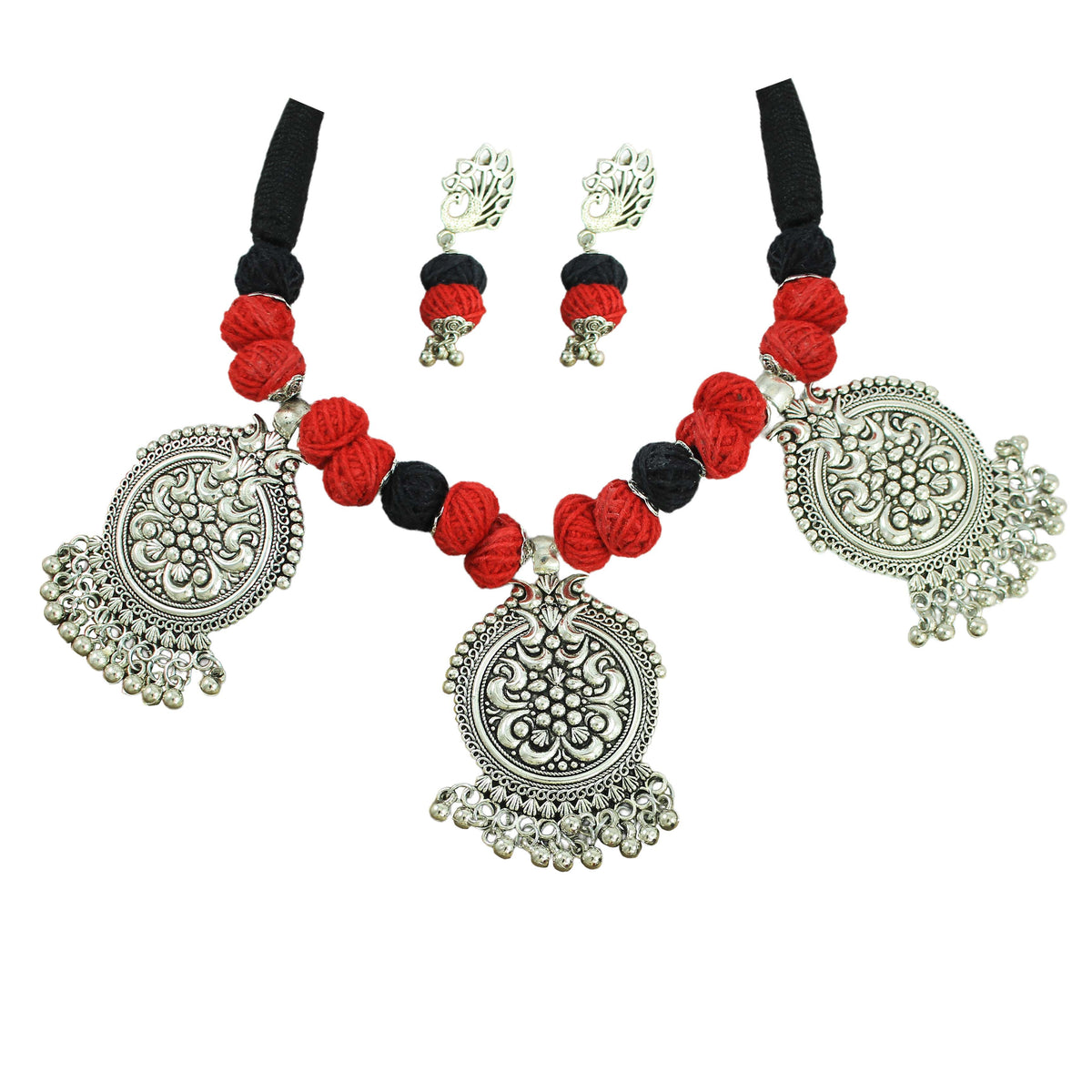 JFL‑Jewellery for Less Red & Black Thread Beaded Jewellery Set – Necklace, Earrings & Bracelet with Oxidised Silver Circular Floral Pendants & Dangling Charms– Women & Girls – Navratri, Garba
