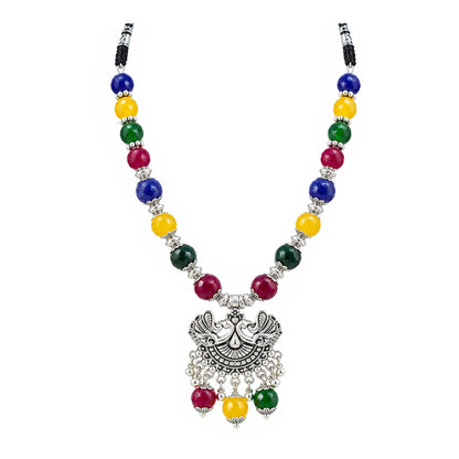 JFL - Jewellery for Less Oxidized German Silver Peacock Pendant Multicolour Beaded Necklace and Earrings with Bracelet Set for Women & Girls | Navratri Special Ethnic Jewellery Set