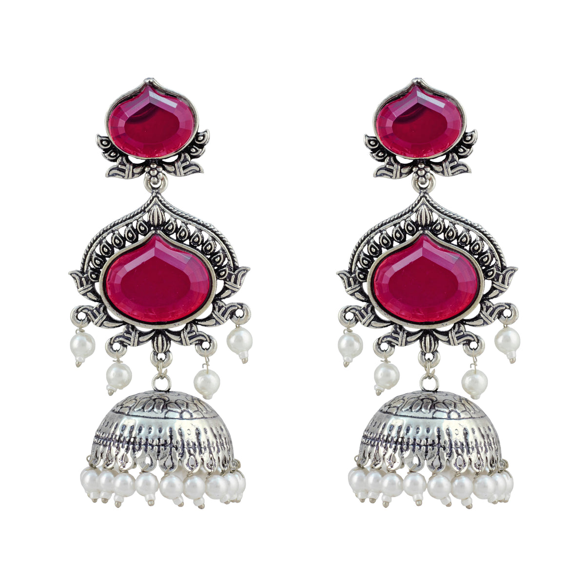 JFL - Jewellery for Less Oxidized Silver-Toned Jhumka Earrings with Wine Stone and Pearl Drops – Traditional Ethnic Jewellery for Women