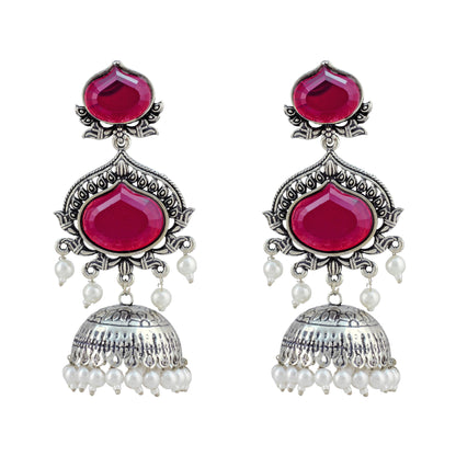 JFL - Jewellery for Less Oxidized Silver-Toned Jhumka Earrings with Wine Stone and Pearl Drops – Traditional Ethnic Jewellery for Women