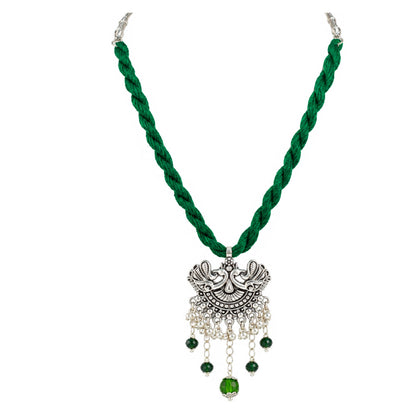 JFL - Jewellery for Less Oxidized Silver Peacock Pendant Green Thread Necklace Earrings with Bracelet Set – Green Bead Dangle Jewellery Set for Women & Girls