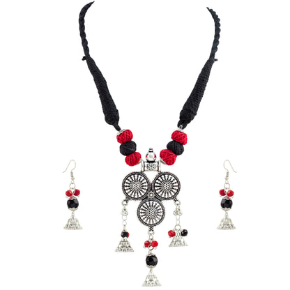 JFL - Jewellery for Less Oxidized Silver Afghani Necklace Set with Red & Black Thread Beads – Tribal Boho Jhumka Earrings with Bracelet – Navratri Traditional Jewellery for Women & Girls