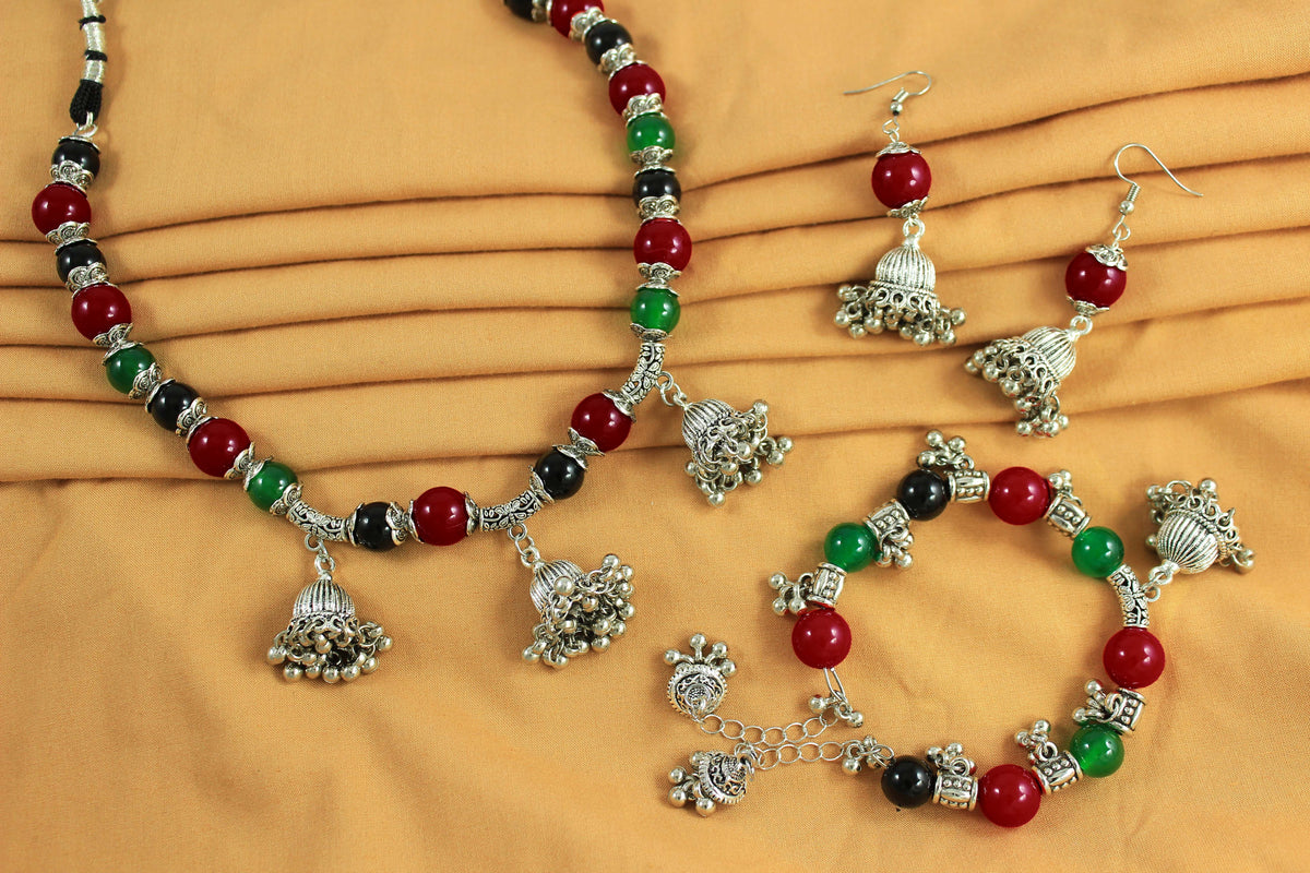 JFL-Jewellery for Less Maroon Green & Black Necklace Earrings Bracelet Set with Oxidised Silver Beads & Jhumka Danglers – Traditional Jewellery for Women & Girls, Navratri, Garba