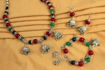 JFL-Jewellery for Less Maroon Green & Black Necklace Earrings Bracelet Set with Oxidised Silver Beads & Jhumka Danglers – Traditional Jewellery for Women & Girls, Navratri, Garba