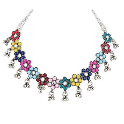 JFL - Jewellery for Less Oxidized German Silver Flower Necklace Set with Earrings – Multicolor Stone Choker Jewellery Set for Women & Girls, Traditional Ethnic Antique Silver Combo