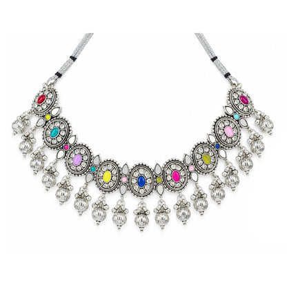 JFL - Jewellery for Less Oxidized German Silver Necklace Set with Earrings and Bracelet – Round Motif Multicolor Stone Choker Jewellery Set for Women & Girls, Traditional Ethnic Antique Silver Combo