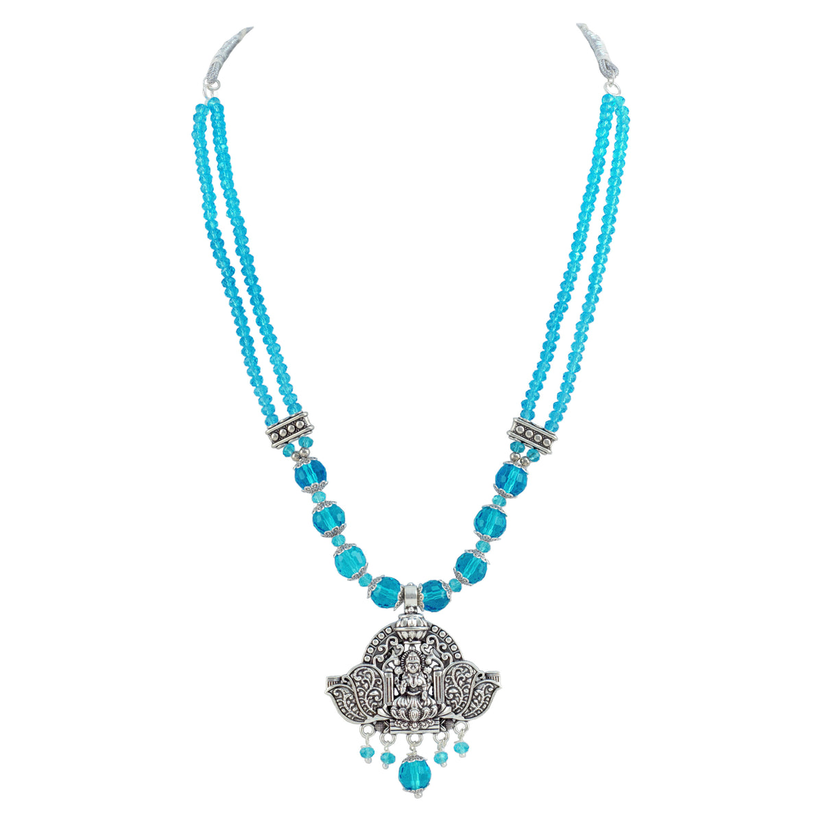 JFL - Jewellery for Less Navratri Turquoise Blue Crystal Beaded Necklace Earring with Bracelet Set for Women | Oxidized German Silver Goddess Pendant | Traditional Ethnic Jewellery for Festive & Wedding