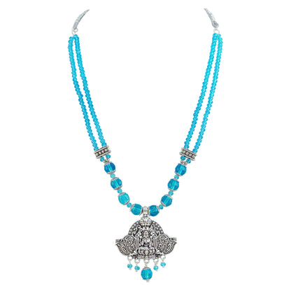JFL - Jewellery for Less Navratri Turquoise Blue Crystal Beaded Necklace Earring with Bracelet Set for Women | Oxidized German Silver Goddess Pendant | Traditional Ethnic Jewellery for Festive & Wedding