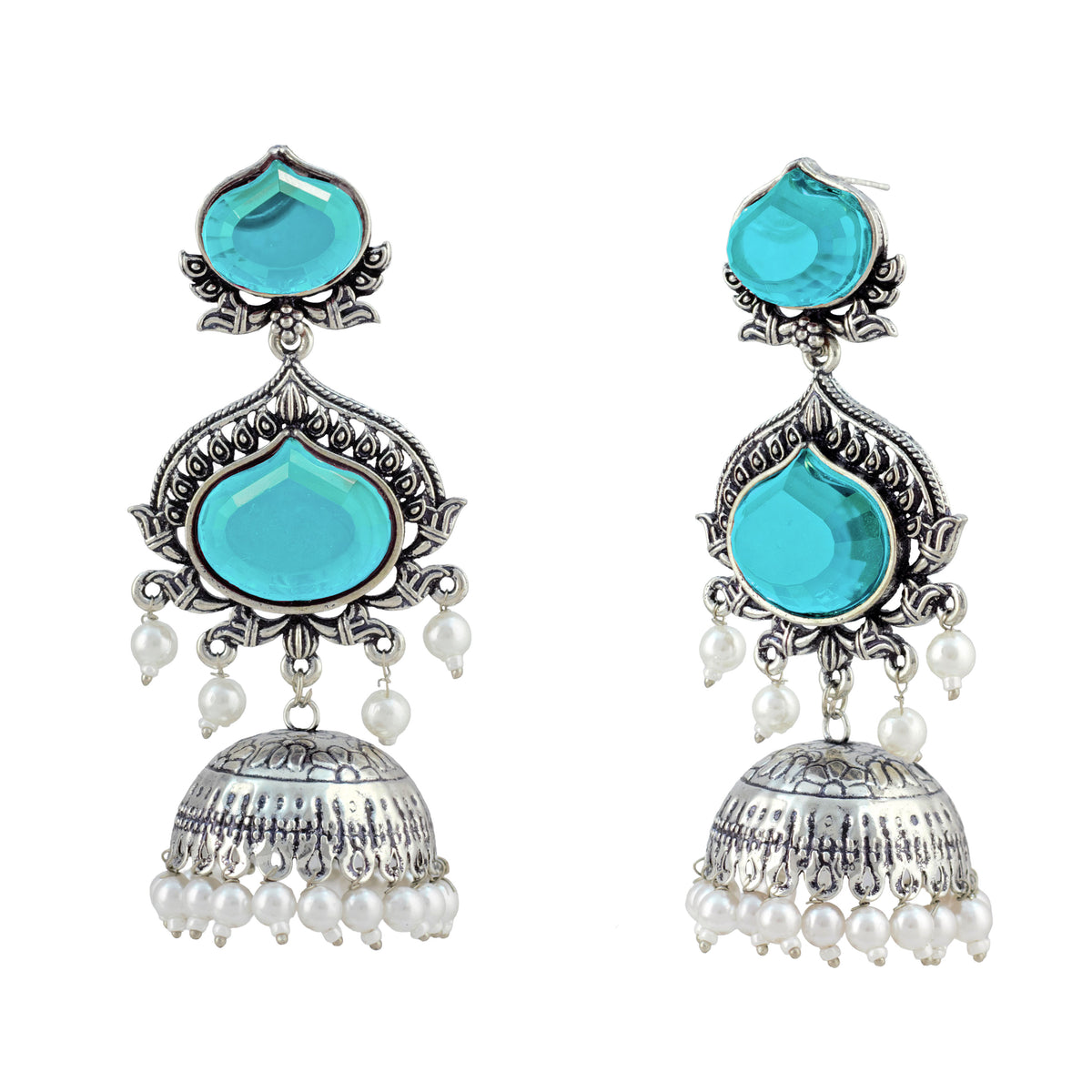 JFL - Jewellery for Less Oxidized Silver-Toned Jhumka Earrings with Sky Blue Stone and Pearl Drops – Traditional Ethnic Jewellery for Women