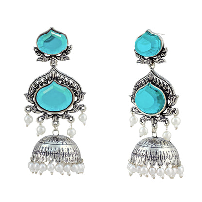 JFL - Jewellery for Less Oxidized Silver-Toned Jhumka Earrings with Sky Blue Stone and Pearl Drops – Traditional Ethnic Jewellery for Women