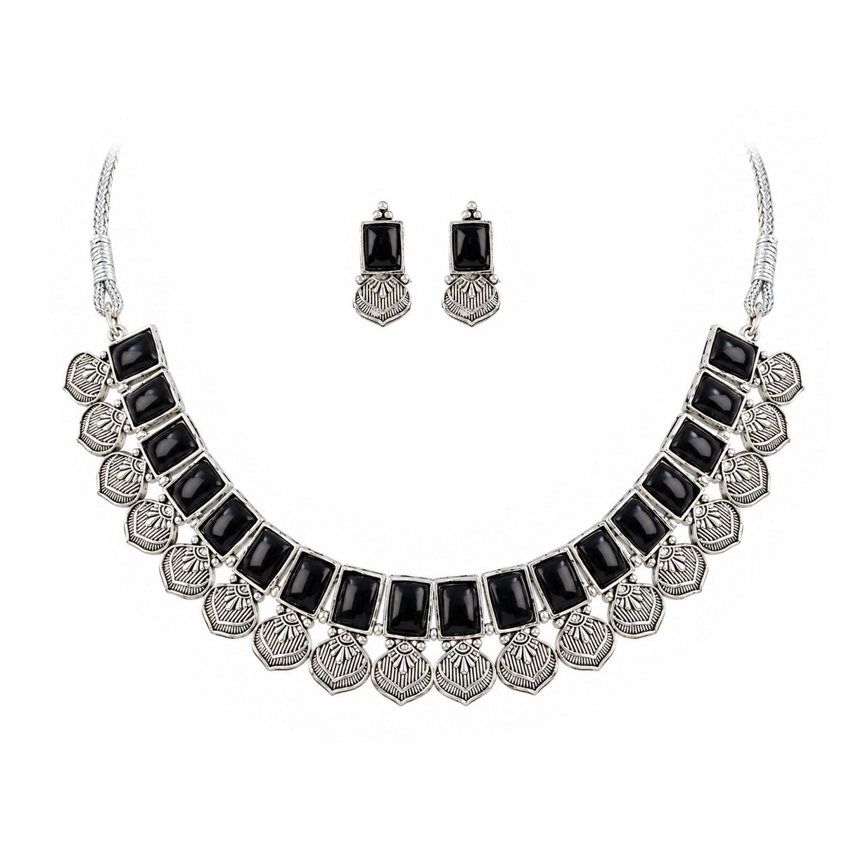 Oxidized Silver Black Stone Choker Necklace and Earrings with Bracelet Set – Navratri Special Traditional Antique Jewellery Set for Women & Girls