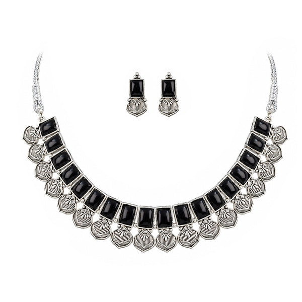 Oxidized Silver Black Stone Choker Necklace and Earrings with Bracelet Set – Navratri Special Traditional Antique Jewellery Set for Women & Girls