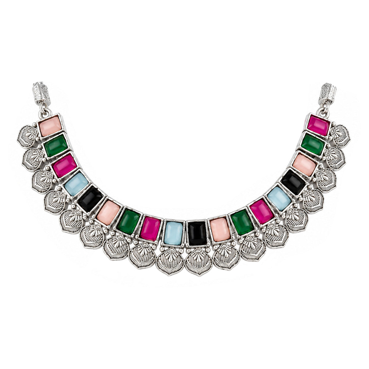 Oxidized Silver Multicolor Stone Choker Necklace and Earrings with Bracelet Set – Navratri Special Traditional Antique Jewellery Set for Women & Girls