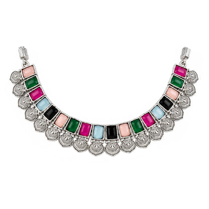 Oxidized Silver Multicolor Stone Choker Necklace and Earrings with Bracelet Set – Navratri Special Traditional Antique Jewellery Set for Women & Girls