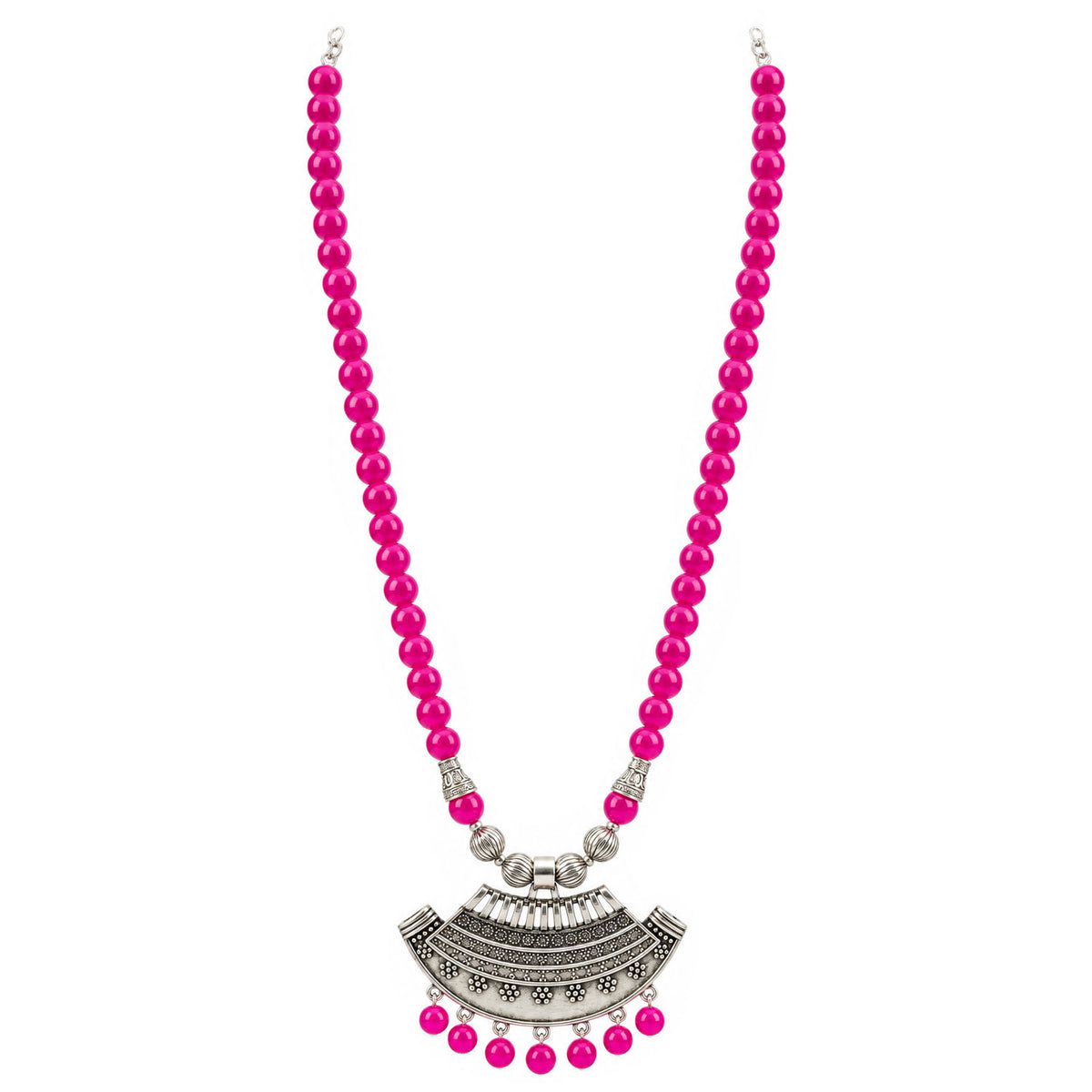 Oxidized German Silver Half Moon Pendant Necklace with Rani Pink Beads and Matching Earrings & Bracelet – Navratri Special Traditional Jewellery Set for Women