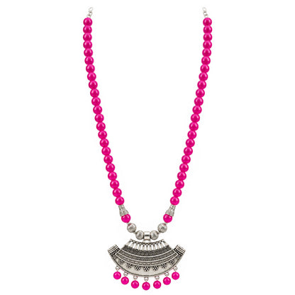 Oxidized German Silver Half Moon Pendant Necklace with Rani Pink Beads and Matching Earrings & Bracelet – Navratri Special Traditional Jewellery Set for Women