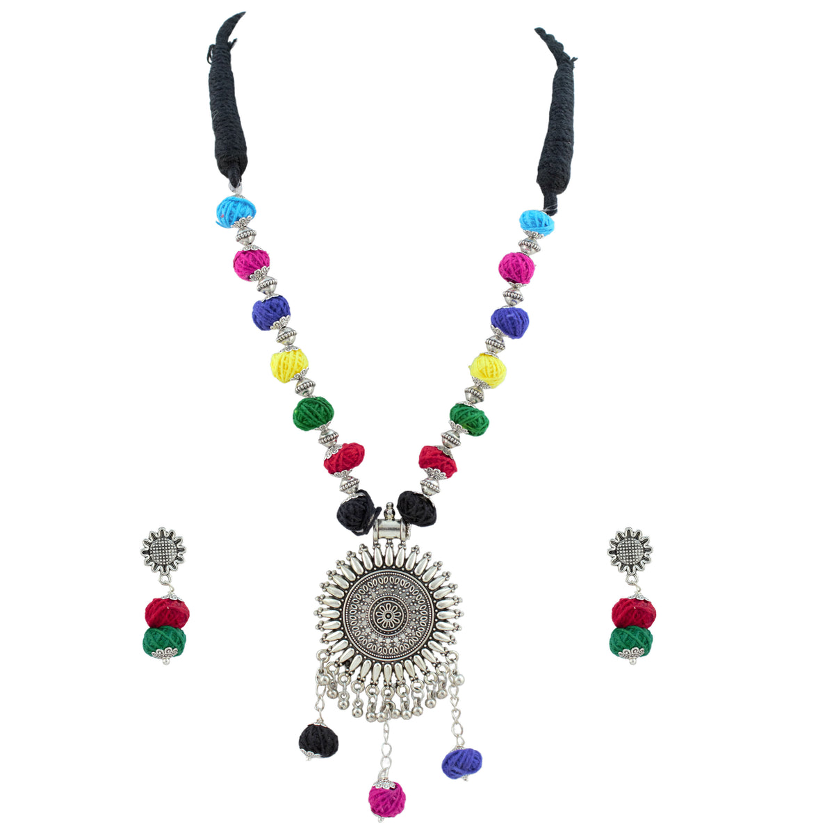 JFL - Jewellery for Less Oxidized German Silver Sun Pendant Multicolor Thread Beads Necklace with Earrings Set for Women | Handmade Cotton Thread Jewellery with Adjustable Black Dori | Navratri Special Tribal Jewellery