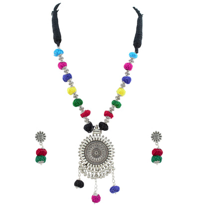 JFL - Jewellery for Less Oxidized German Silver Sun Pendant Multicolor Thread Beads Necklace with Earrings Set for Women | Handmade Cotton Thread Jewellery with Adjustable Black Dori | Navratri Special Tribal Jewellery