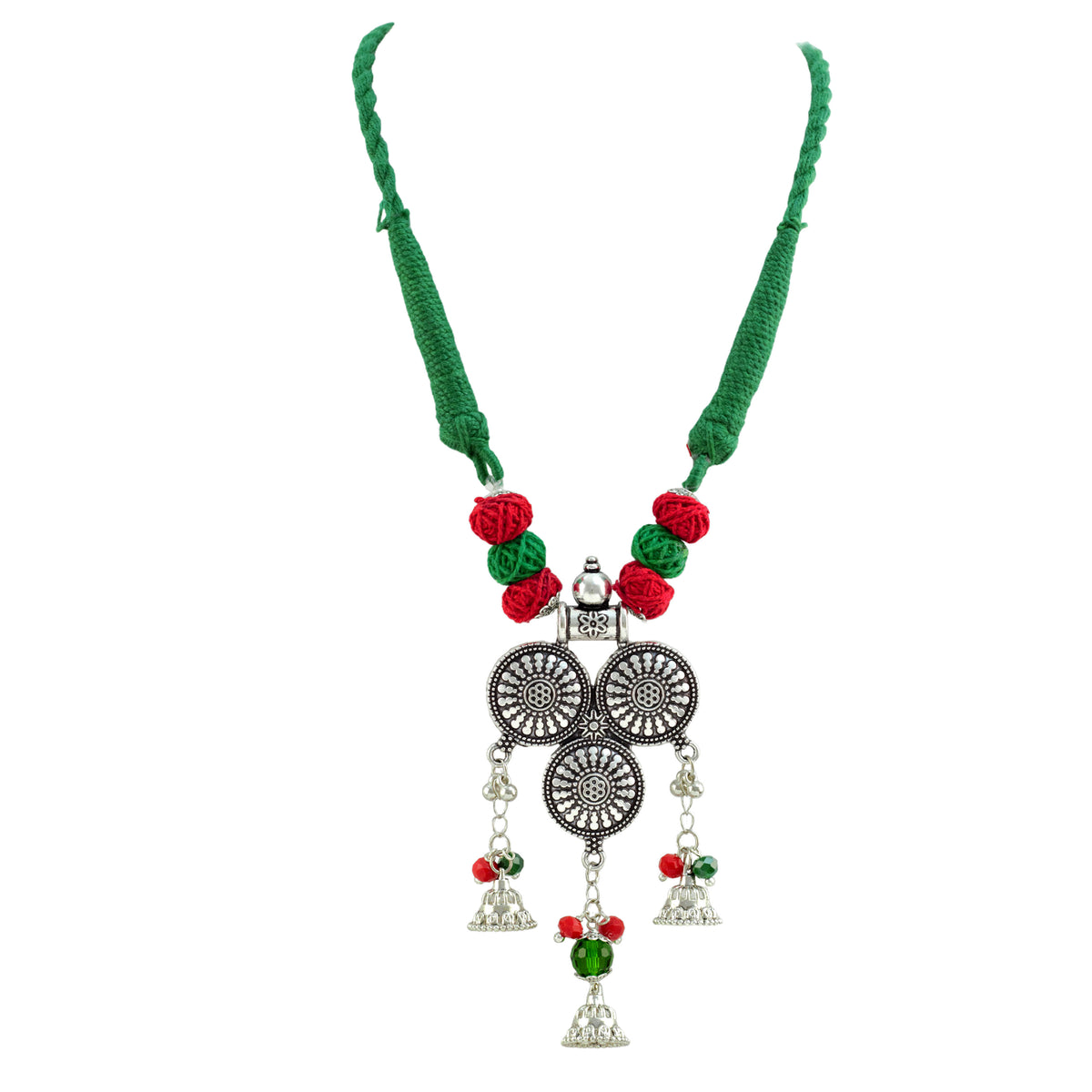 JFL - Jewellery for Less Oxidized Silver Afghani Necklace Set with Red & Green Thread Beads – Tribal Boho Jhumka Earrings – Navratri Traditional Jewellery for Women & Girls