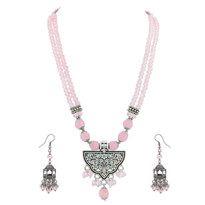 JFL - Jewellery for Less Navratri Necklace Set with Bracelet for Women | German Silver Oxidised Jewellery | Floral Pendant with Blush Pink Beads & Sunflower Earrings | Traditional Ethnic Necklace Set for Garba, Dandiya & Festive