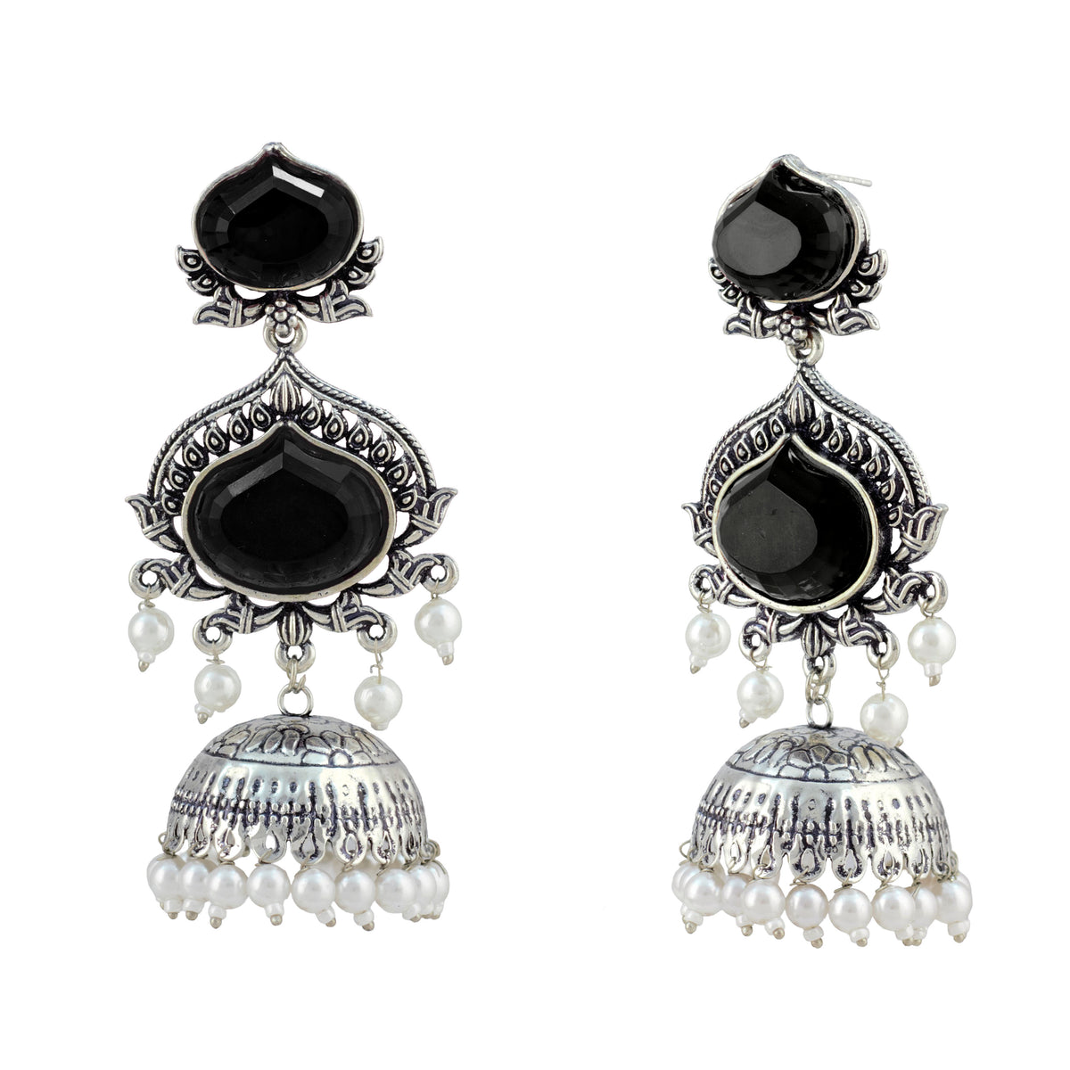 JFL - Jewellery for Less Oxidized Silver-Toned Jhumka Earrings with Black Stone and Pearl Drops – Traditional Ethnic Jewellery for Women