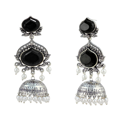 JFL - Jewellery for Less Oxidized Silver-Toned Jhumka Earrings with Black Stone and Pearl Drops – Traditional Ethnic Jewellery for Women