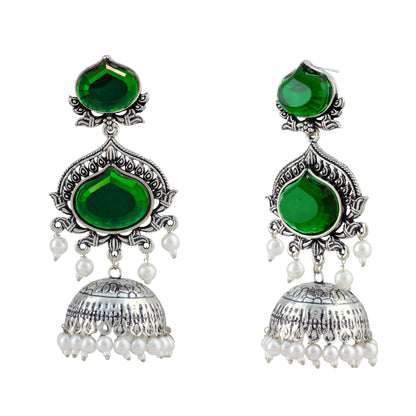 JFL - Jewellery for Less Oxidized Silver-Toned Jhumka Earrings with Green Stone and Pearl Drops – Traditional Ethnic Jewellery for Women