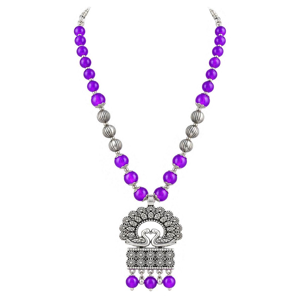 JFL - Jewellery for Less Oxidized German Silver Purple Beads Peacock Pendant Necklace with Earrings Set for Women | Antique Silver Floral Design Jewellery Set | Navratri Special Traditional Jewellery