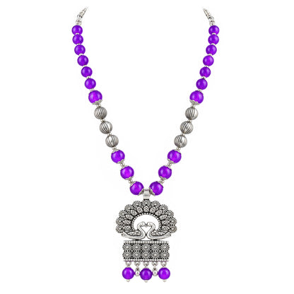 JFL - Jewellery for Less Oxidized German Silver Purple Beads Peacock Pendant Necklace with Earrings Set for Women | Antique Silver Floral Design Jewellery Set | Navratri Special Traditional Jewellery
