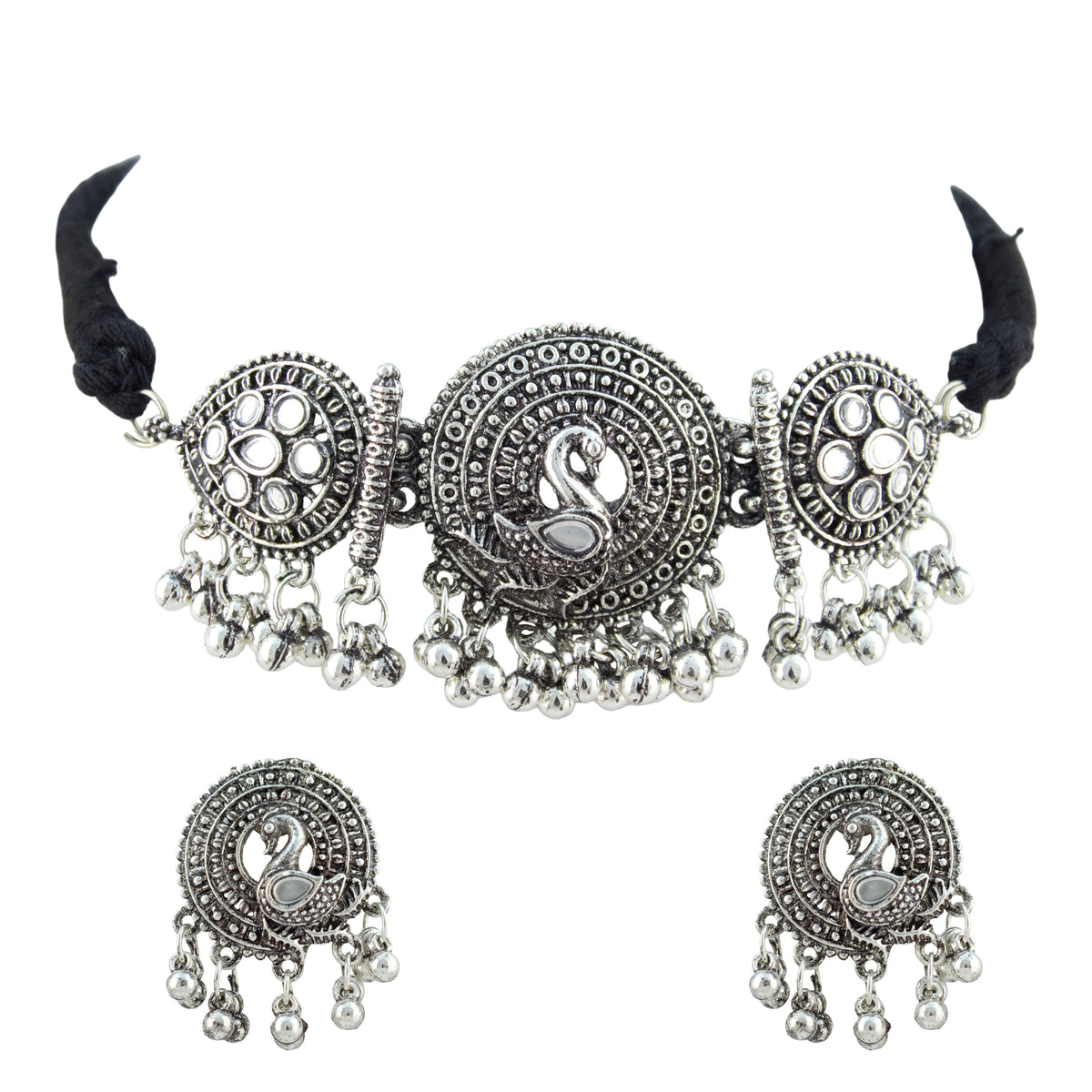 JFL - Jewellery for Less Oxidized German Silver Swan Pendant Necklace Set with Earrings – Mirror Work Choker on Black Thread for Women & Girls, Traditional Ethnic Jewellery Combo