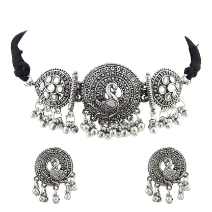 JFL - Jewellery for Less Oxidized German Silver Swan Pendant Necklace Set with Earrings – Mirror Work Choker on Black Thread for Women & Girls, Traditional Ethnic Jewellery Combo