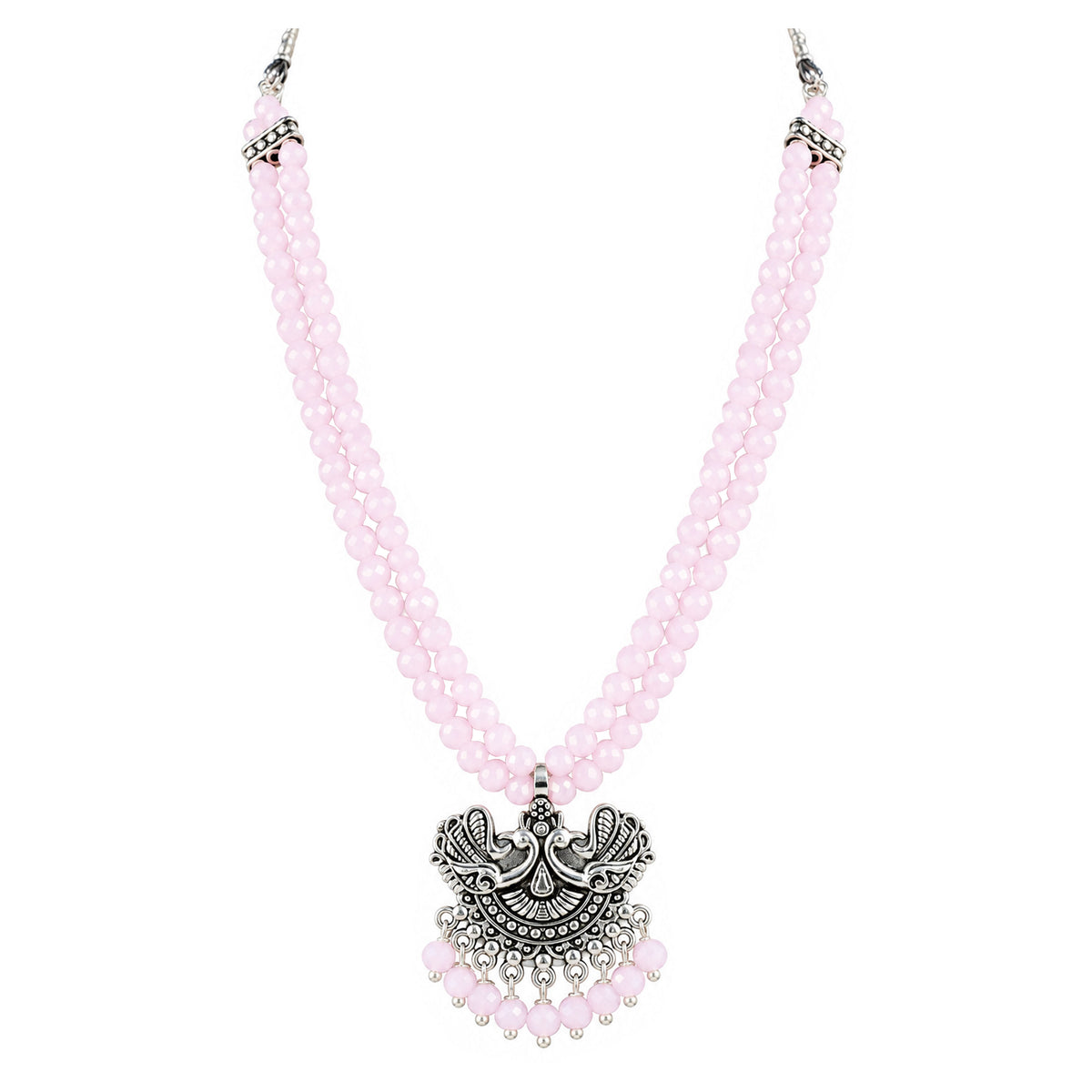 JFL - Jewellery for Less Oxidized German Silver Pink Beads Double Strand Peacock Pendant Necklace with Earrings Set for Women | Antique Silver Design Jewellery Set | Navratri Special Traditional Jewellery