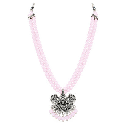 JFL - Jewellery for Less Oxidized German Silver Pink Beads Double Strand Peacock Pendant Necklace with Earrings Set for Women | Antique Silver Design Jewellery Set | Navratri Special Traditional Jewellery