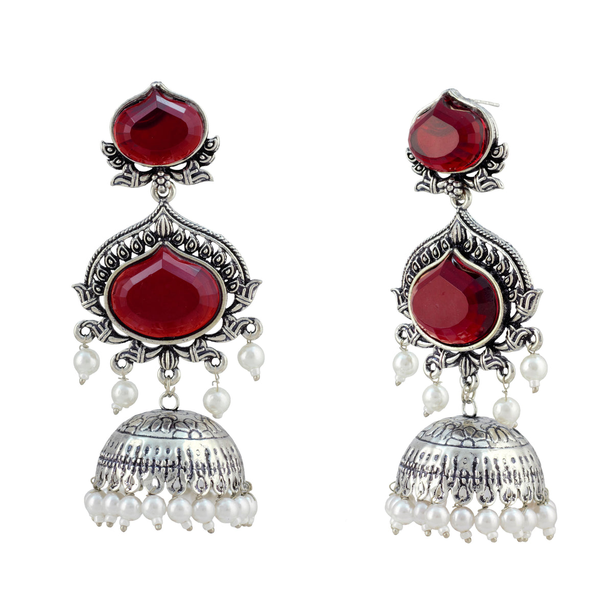 JFL - Jewellery for Less Oxidized Silver-Toned Jhumka Earrings with Maroon Stone and Pearl Drops – Traditional Ethnic Jewellery for Women