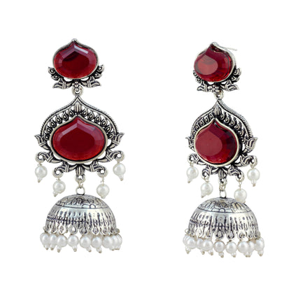 JFL - Jewellery for Less Oxidized Silver-Toned Jhumka Earrings with Maroon Stone and Pearl Drops – Traditional Ethnic Jewellery for Women
