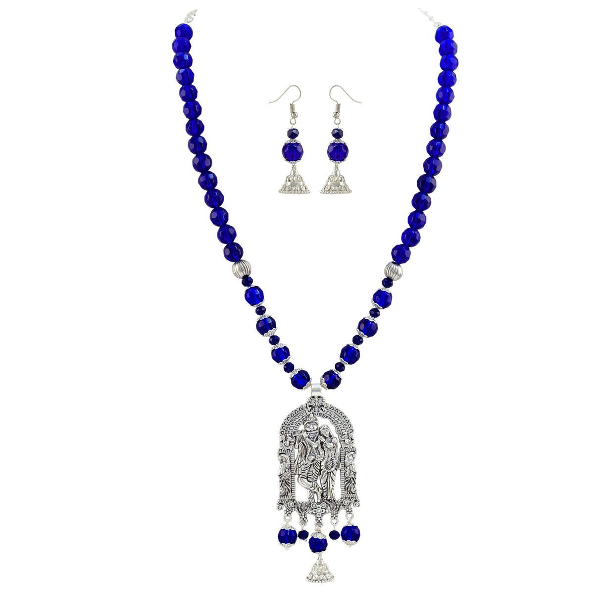 JFL - Jewellery for Less Oxidized German Silver Radha Krishna Pendant Necklace Set with Jhumki Earrings for Women | Royal Blue Beaded Traditional Ethnic Jewellery Set | Navratri Festive