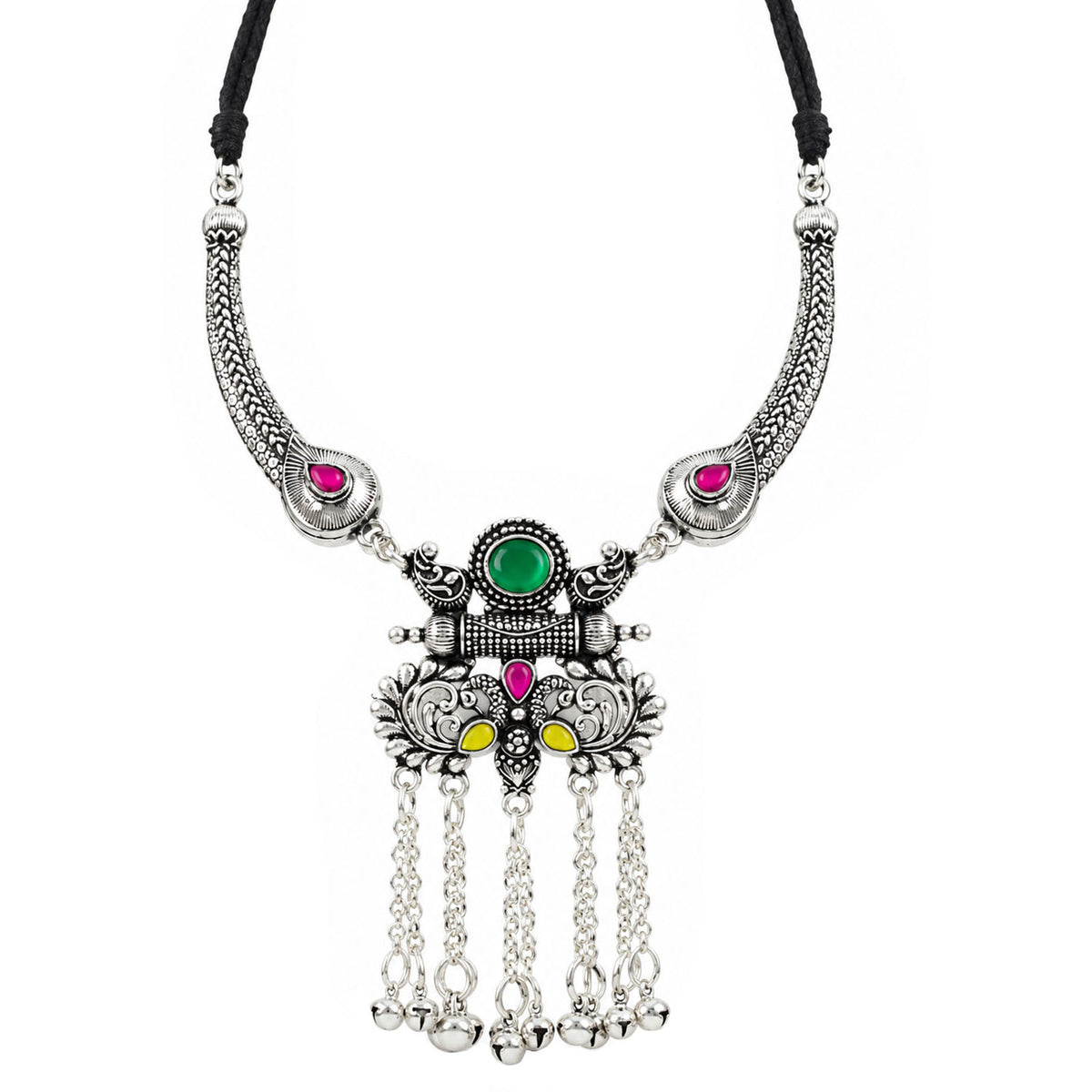 JFL - Jewellery for Less Oxidized German Silver Long Necklace Set with Earrings and Bracelet – Multicolor Stone Tassel Pendant Jewellery Set for Women & Girls, Traditional Ethnic Combo