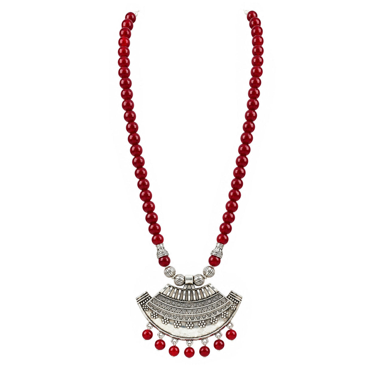 Oxidized German Silver Half Moon Pendant Necklace with Maroon Beads and Matching Earrings & Bracelet – Navratri Special Traditional Jewellery Set for Women