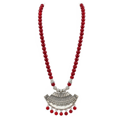Oxidized German Silver Half Moon Pendant Necklace with Maroon Beads and Matching Earrings & Bracelet – Navratri Special Traditional Jewellery Set for Women