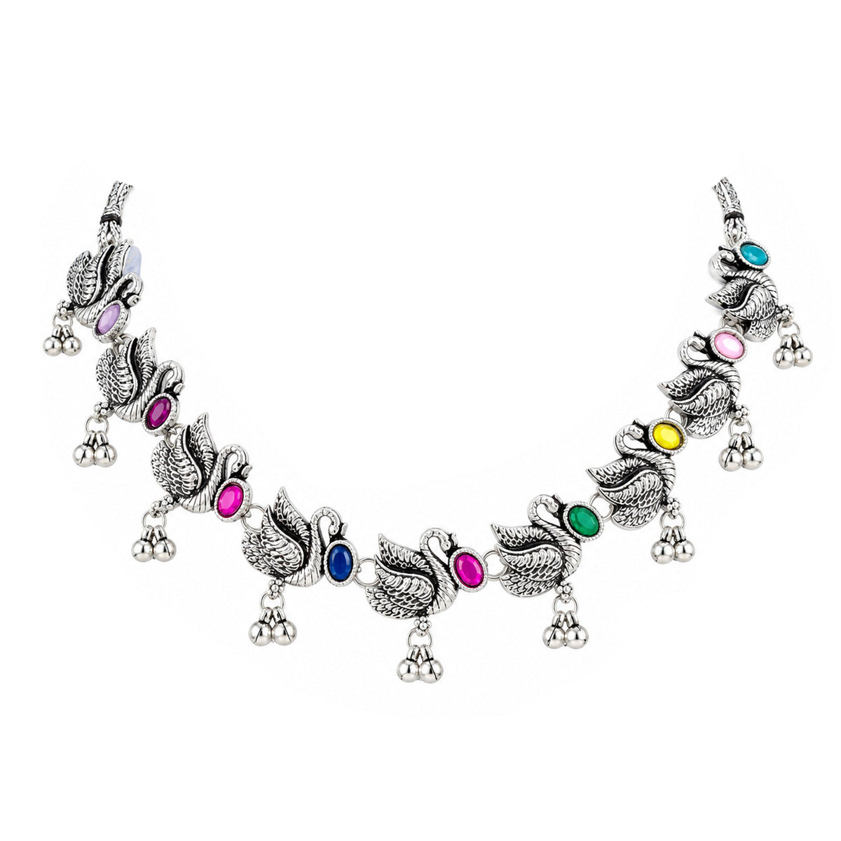 JFL - Jewellery for Less Oxidized German Silver Swan Necklace Set with Earrings and Bracelet – Colorful Stone Choker Jewellery Set for Women & Girls, Traditional Ethnic Antique Silver Combo