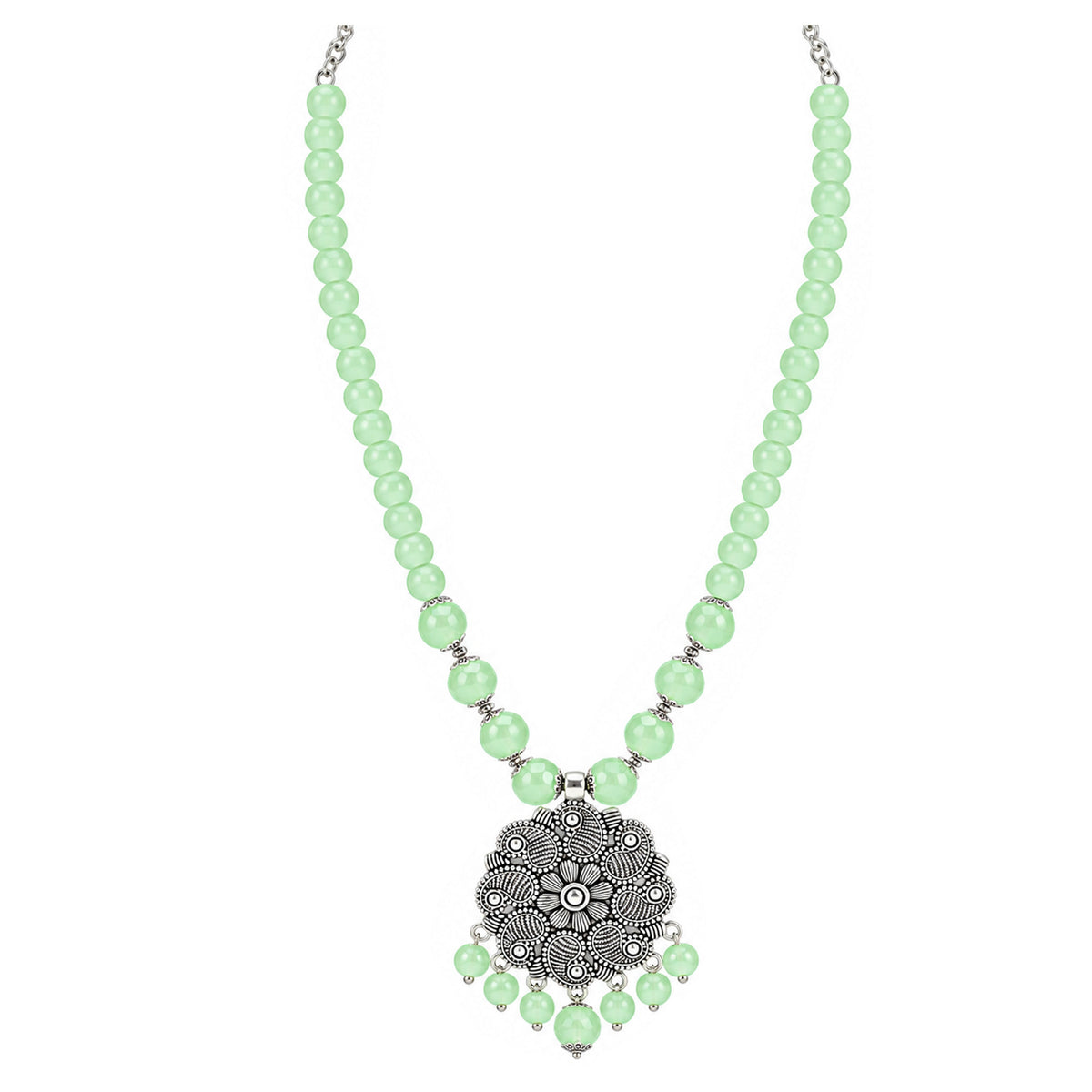 JFL - Jewellery for Less Oxidized Silver Floral Pendant Green Beaded Necklace Earrings with Bracelet Set – Paisley Design Jewellery Set for Women & Girls