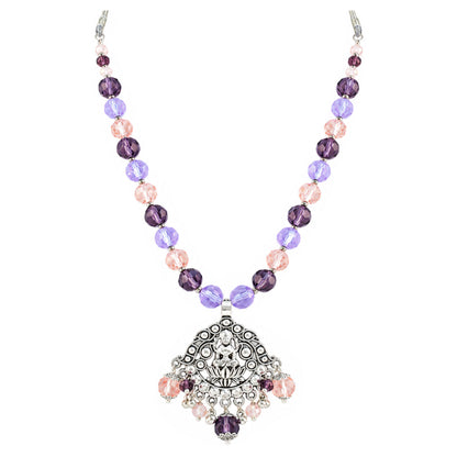 JFL - Jewellery for Less Oxidized Silver Lakshmi Pendant Beaded Necklace Earrings with Bracelet Set – Purple Lavender Peach Crystal Beads Jhumka Earring Jewellery Set for Women & Girls