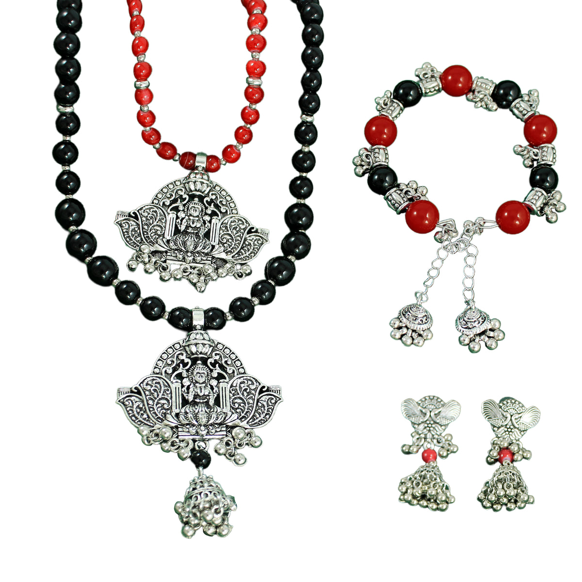 JFL-Jewellery for Less Red, Green & Black Cotton Thread Jewellery Set – Necklace, Earrings & Bracelet with Oxidised Silver Dome‑Shaped Jhumka Pendants & Bead Drops – Women & Girls – Navratri, Garba