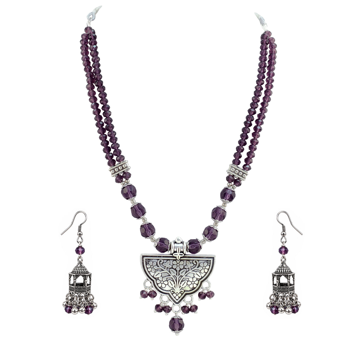 JFL - Jewellery for Less Navratri Wine Crystal Beaded Necklace Earring with Bracelet Set for Women | Oxidized German Silver Floral Pendant | Traditional Ethnic Jewellery for Festive & Wedding