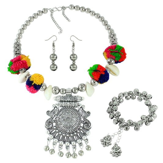 JFL - Jewellery for Less Oxidised Pendant Necklace Bracelet Earrings Set with Pom‑Pom, Shell & Elephant Charm – Traditional Jewellery Combo for Women & Girls – Navratri, Garba, Wedding & Party Use