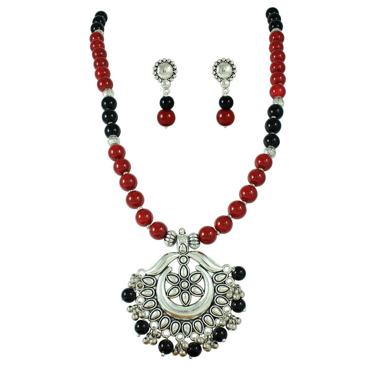 JFL – Jewellery for Less"Oxidised Silver Pendant Set with Maroon-Black Beads | Traditional Necklace & Jhumka Earrings Combo for Women & Girls | Navratri, Garba