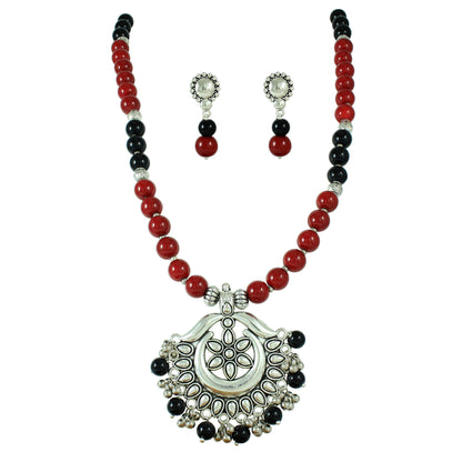 JFL – Jewellery for Less"Oxidised Silver Pendant Set with Maroon-Black Beads | Traditional Necklace & Jhumka Earrings Combo for Women & Girls | Navratri, Garba