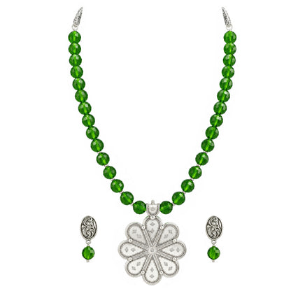 JFL - Jewellery for Less Oxidized Silver Floral Pendant Green Beaded Necklace Earrings with Bracelet Set for Women – Navratri Special Traditional Jewellery Set