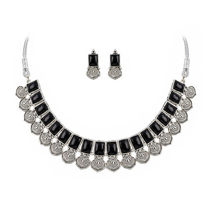 Oxidized Silver Black Stone Choker Necklace with Earrings Set – Navratri Special Traditional Antique Jewellery Set for Women & Girls